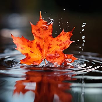 A single autumn leaf, likely maple, floats on the surface of calm water. The leaf is a vibrant orange and red color, reflecting the colors of the season. Small droplets of water surround the leaf, adding to the sense of tranquility.