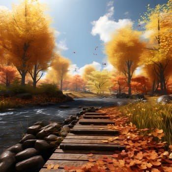 A serene view of an autumnal river scene, featuring a wooden pathway leading through a forest of golden trees, bathed in warm sunlight.