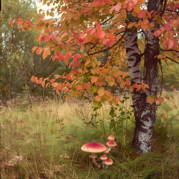 A beautiful image showcasing a vibrant autumn forest with a group of mushrooms growing near the base of a birch tree.