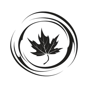 Black and white illustration of a maple leaf inside a circle, simple design with a minimalist style.