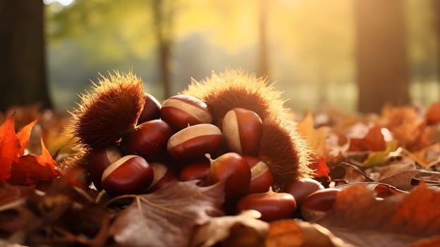 Chestnuts with their prickly husks rest on a bed of fallen leaves in a forest setting. The soft sunlight bathes the scene in a warm glow, marking the arrival of autumn