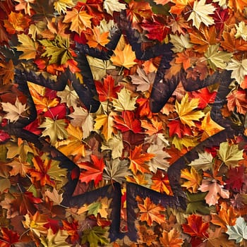 Close up abstract view of vibrant autumn leaves, showcasing the diverse colors and textures of nature's seasonal transition.