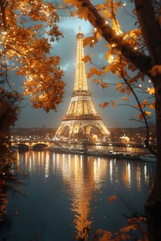 A beautiful nighttime shot of the Eiffel Tower reflected in the Seine River in Paris, France.