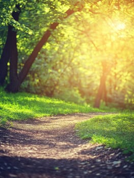 A serene dirt path through a lush green forest bathed in golden sunlight, creating a warm and inviting natural scene perfect for outdoor activities.