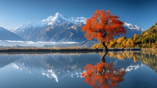 A solitary tree stands amidst a tranquil lake, its fiery autumn leaves mirrored perfectly in the still waters. The towering snow-capped mountains provide a dramatic backdrop, creating a breathtaking natural spectacle.
