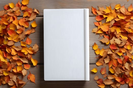 A blank white book cover lays on a wooden table, surrounded by colorful autumn leaves. This image is perfect for showcasing a book cover design or creating a template for a new design. The natural autumn leaves create a warm and inviting background.