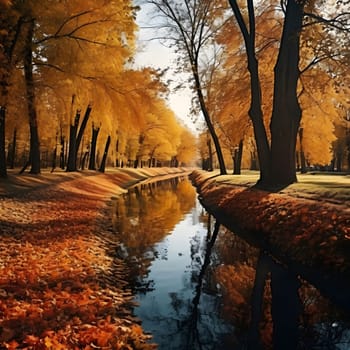 A tranquil river flows through a park, surrounded by trees in vibrant autumn colors.