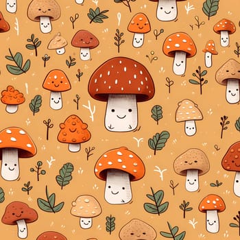 A cute seamless pattern featuring happy mushrooms with different colors and expressions on a warm orange background. The pattern is perfect for children's products or creating a playful, whimsical atmosphere.