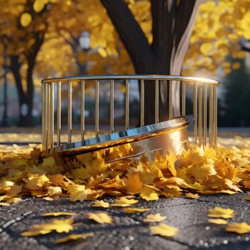 A golden cage lies on a bed of autumn leaves, creating a striking contrast of colors and textures.