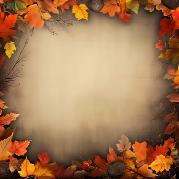 A beautiful autumnal frame with colorful leaves, branches and wooden elements in shades of red, orange, yellow and brown.
