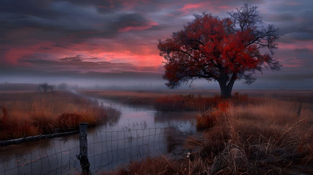 A solitary tree with vibrant autumn leaves stands tall amidst a misty field, with a winding river flowing through the scene. The sky is ablaze with hues of red and orange as the sun sets in the distance.