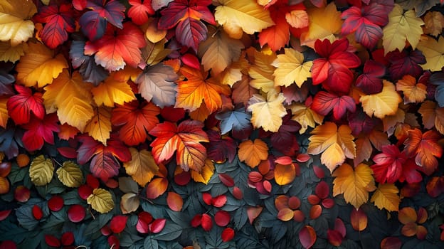 A close-up of colorful autumn leaves in various shades of red, yellow, and orange, creating a vibrant and beautiful backdrop.
