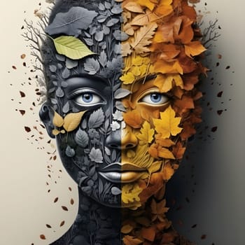 A digital art portrait of a face made of autumn leaves, capturing the beauty of nature and human metamorphosis