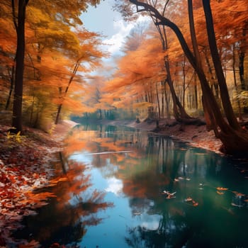 A tranquil forest scene with a river reflecting the vibrant colors of autumn leaves.