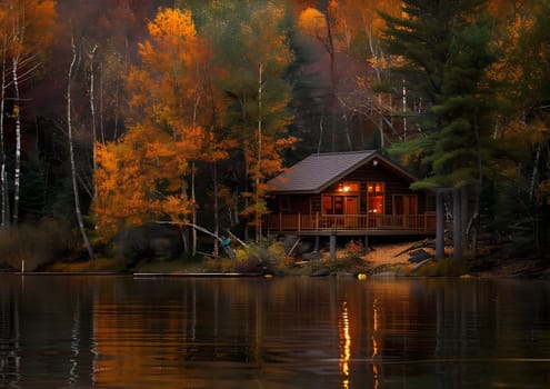 A cozy cabin nestled by a tranquil lake in the heart of an autumnal forest. The water reflects the warm hues of the surrounding trees, creating a serene and picturesque scene.