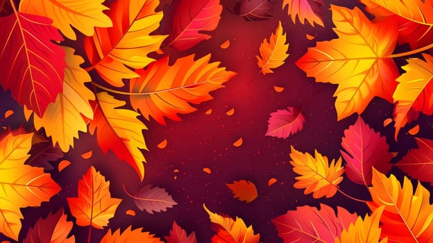 A vibrant autumn background with colorful leaves in shades of red, orange, and yellow. The leaves are arranged in a random pattern against a dark background, creating a beautiful and festive scene.