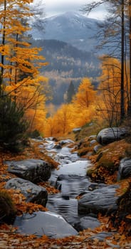 A peaceful stream flows through a colorful autumn forest, surrounded by vibrant yellow leaves and towering mountains in the distance.