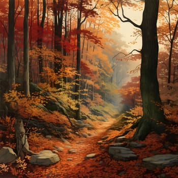 A picturesque path winds through a vibrant autumn forest, bathed in warm sunlight. The trees are ablaze with fiery hues of red, orange, and yellow, their leaves cascading down to create a carpet of color.