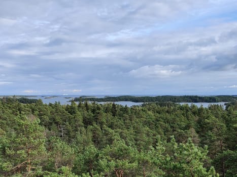 Panorama of the Gulf of Finland and the Islands. Northern nature. Finnish nature, Baltic Sea, trees view from the height