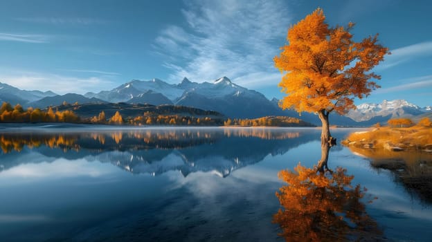 A lone tree stands in a still lake, reflecting the colors of fall in the water and mountains in the background.
