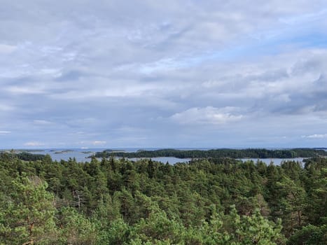 Panorama of the Gulf of Finland and the Islands. Northern nature. Finnish nature, Baltic Sea, trees view from the height