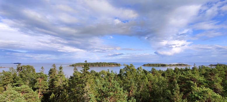 Panorama of the Gulf of Finland and the Islands. Northern nature. Finnish nature, Baltic Sea, trees view from the height