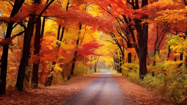 A winding path through a vibrant autumn forest, with towering trees adorned in a kaleidoscope of reds, oranges, and yellows.