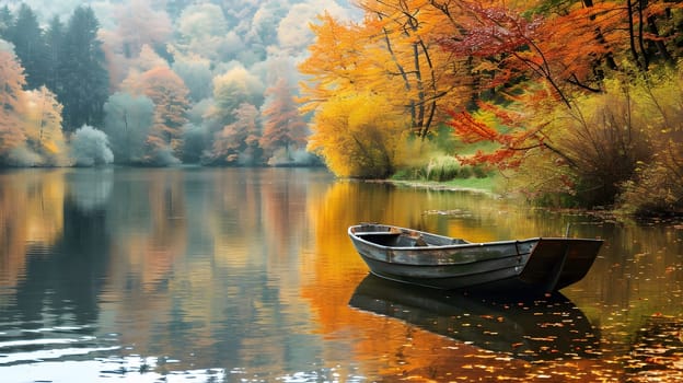 A tranquil lake surrounded by colorful autumn foliage, with a small rowboat resting on the still water. The misty atmosphere creates a sense of peace and serenity.