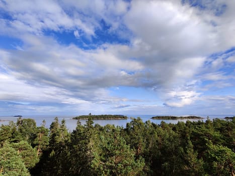 Panorama of the Gulf of Finland and the Islands. Northern nature. Finnish nature, Baltic Sea, trees view from the height