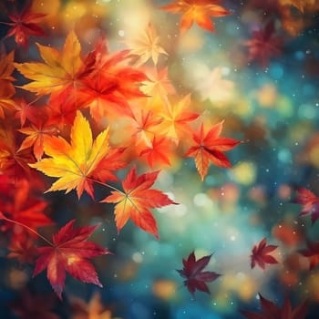 A beautiful image of autumn leaves falling down from the trees with a bokeh background. The leaves are vibrant and colorful, showcasing the beauty of the season change.