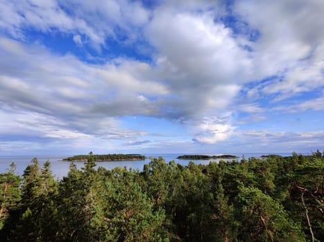 Panorama of the Gulf of Finland and the Islands. Northern nature. Finnish nature, Baltic Sea, trees view from the height