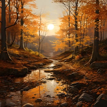 A serene stream meanders through a colorful autumn forest, bathed in golden sunlight