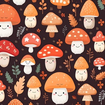 A seamless pattern featuring cute cartoon mushrooms with happy faces on a dark background. The design is perfect for adding a touch of whimsy to any project.