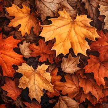 Close-up of colorful autumn leaves, showcasing vibrant hues and intricate patterns.