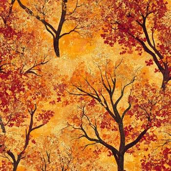 A vibrant autumnal scene with an abstract pattern of red, orange, and yellow leaves