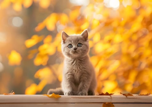 A sweet gray kitten with blue eyes sits on a bench in a lush autumn setting. Golden leaves create a beautiful background for the adorable feline.