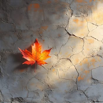 A single red-orange maple leaf sits on a cracked gray wall. Light streams in from above, highlighting the leaf's autumnal colors. The rough texture of the wall and the vibrant leaf create a simple yet striking visual.