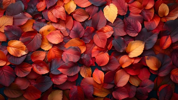 A close-up shot of red, orange and yellow autumn leaves, creating a vibrant and colorful background.