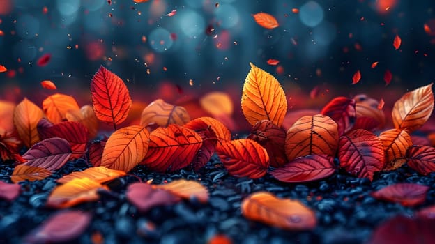 A beautiful close-up shot of autumn leaves on the ground, captured with a shallow depth of field to create a blurred background. The leaves are a vibrant mix of reds, oranges, and yellows. The image evokes a sense of peace and tranquility.
