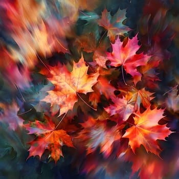 Close-up of vibrant autumn leaves swirling in the wind, showcasing their intricate details and beautiful colors.