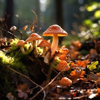 A cluster of red mushrooms in a forest setting, bathed in sunlight. The mushrooms grow amongst fallen leaves and moss.
