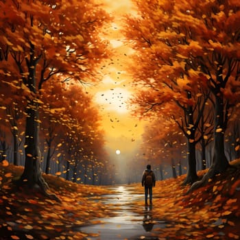 A solitary figure walks along a path in an autumnal forest. The trees are ablaze with color, and the sunlight filters through the leaves, casting a golden glow on the scene.