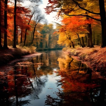 A tranquil forest scene during autumn with vibrant colors reflected in a still creek.