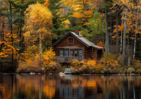 A charming cabin nestled in a lush forest by a tranquil lake, bathed in the warm hues of autumn.