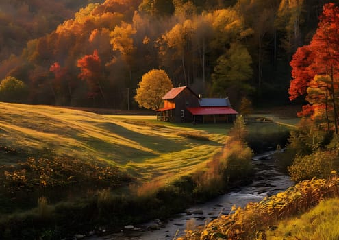 A picturesque scene of a rustic farmhouse nestled amidst a vibrant autumnal forest, with a babbling creek winding its way through the golden fields.