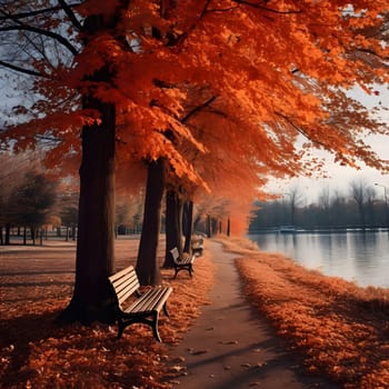A picturesque autumnal scene featuring a path lined with vibrant trees with golden leaves, leading towards a calm lake. The warm light creates a serene and peaceful atmosphere
