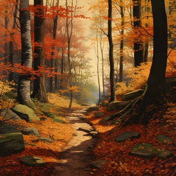 A picturesque path winds through a forest bathed in the warm hues of autumn. Golden leaves blanket the ground, while towering trees stand tall, their branches adorned with vibrant foliage.