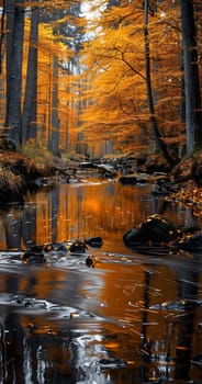 A tranquil stream flows through a vibrant autumn forest. The golden leaves of the trees are reflected in the still water, creating a stunning and serene scene.