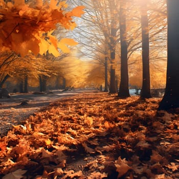A pathway leads through a stunning autumn forest with golden leaves covering the ground. Sunbeams illuminate the scene, creating a magical atmosphere.