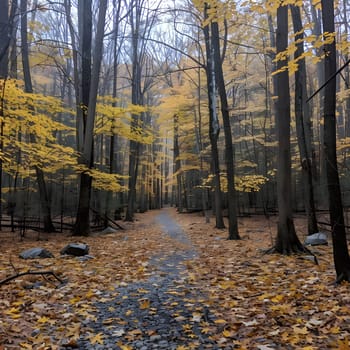 A path through a forest in autumn with yellow leaves on the ground.